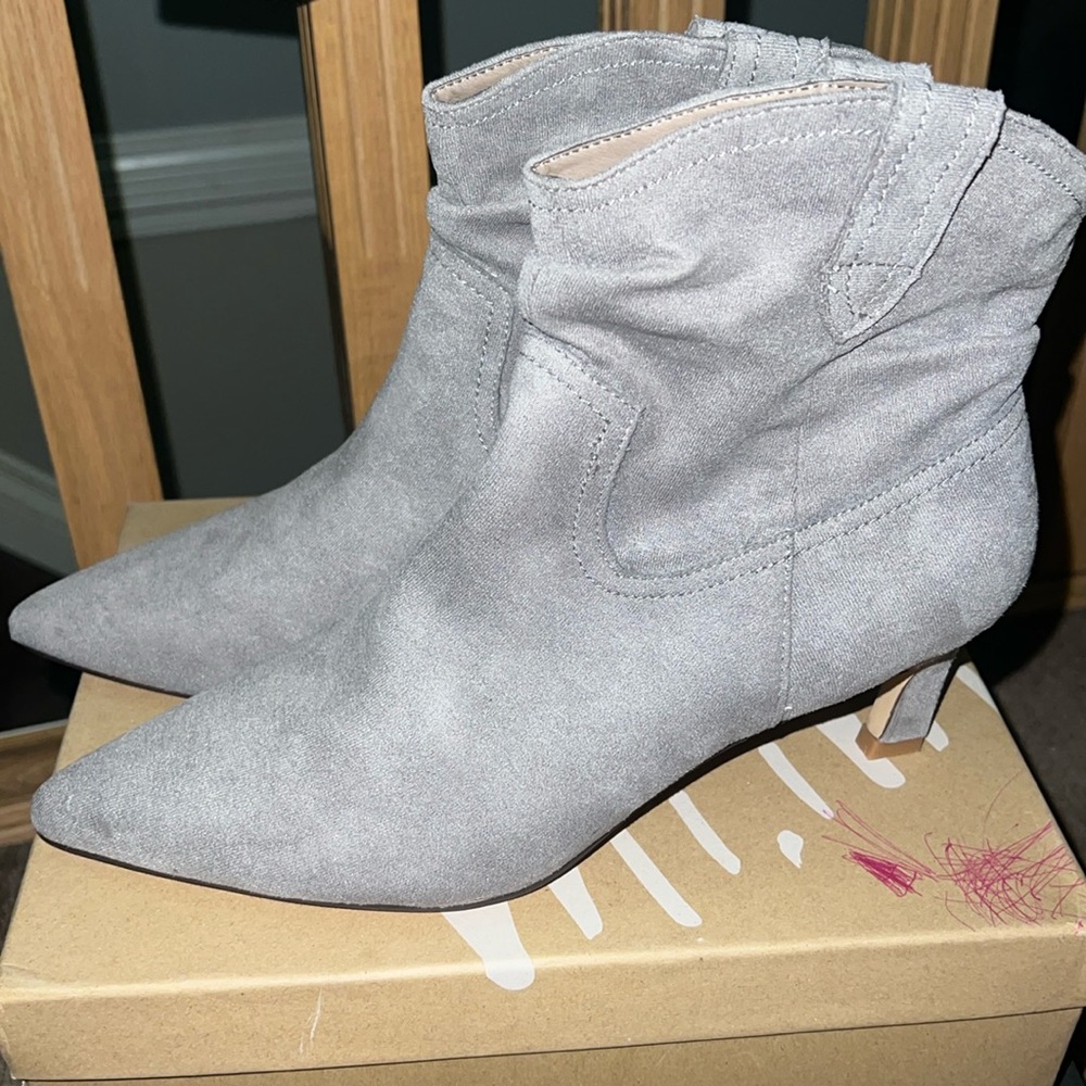 Grey suede low heel booties